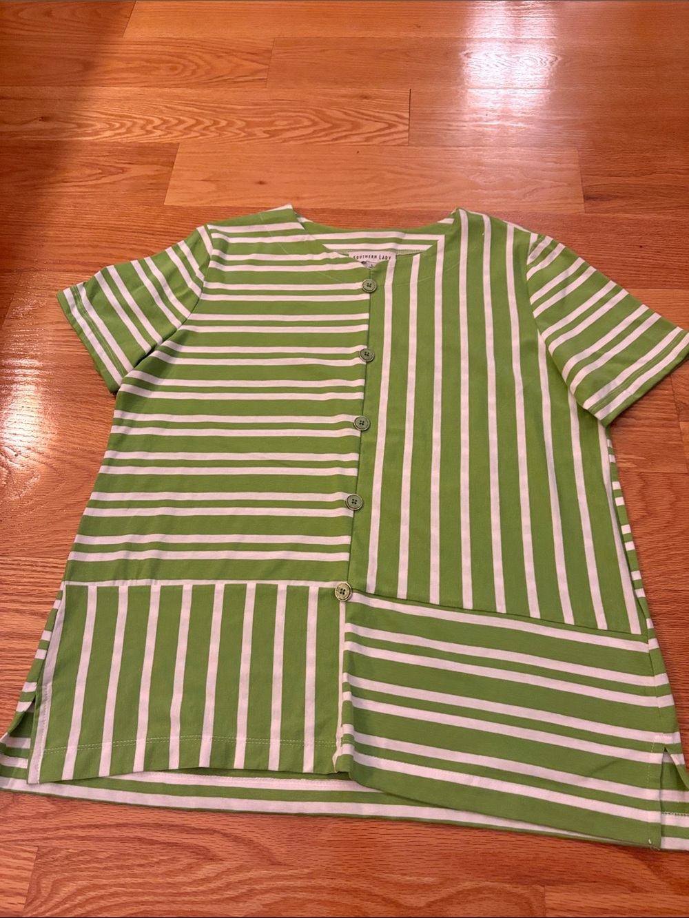 Southern Lady Green and White Striped Button-Front Kids Top